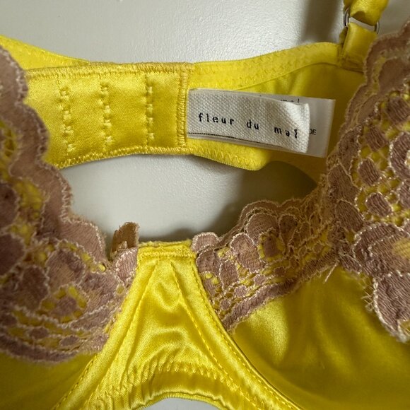 Fleur du Mal Yellow Silk Satin & Lace Bra + Thong Set – 34D/XS - Picture 2 of 7